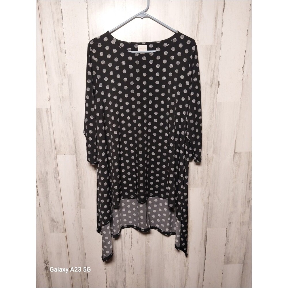 Chicos 2 Womens Large Black White Polka Dot Knit Tunic Top High Low Hem